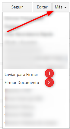 Opciones de firma en el menú Más