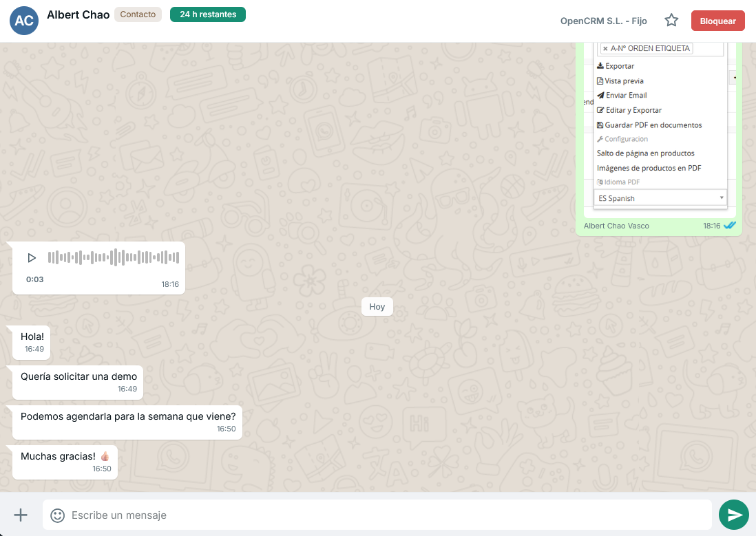 Ventana popup mensajes de WhatsApp